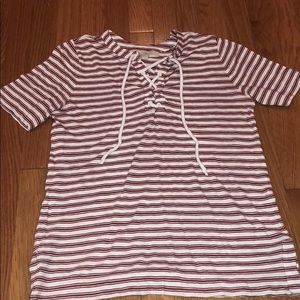Loft lace-up maroon & white striped tee